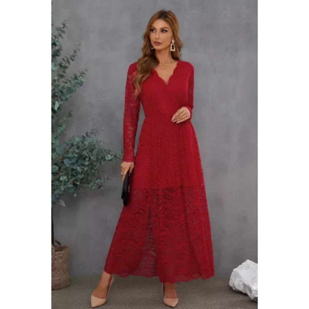 🌺 Elegant Red Lace Maxi Dress size 16